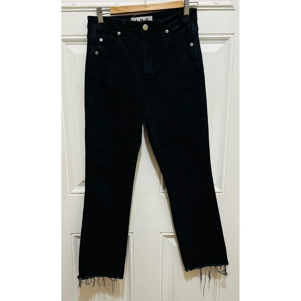 AMO Womens High Rise Straight Leg Crop Frayed Hem Black‎ Denim Jeans